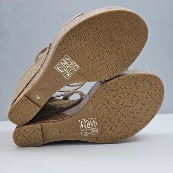 NEW Stuart Weitzman 5050 Wedge Womens 9 Tan Leather Raffia Cork Platform Heel - Picture 11 of 13